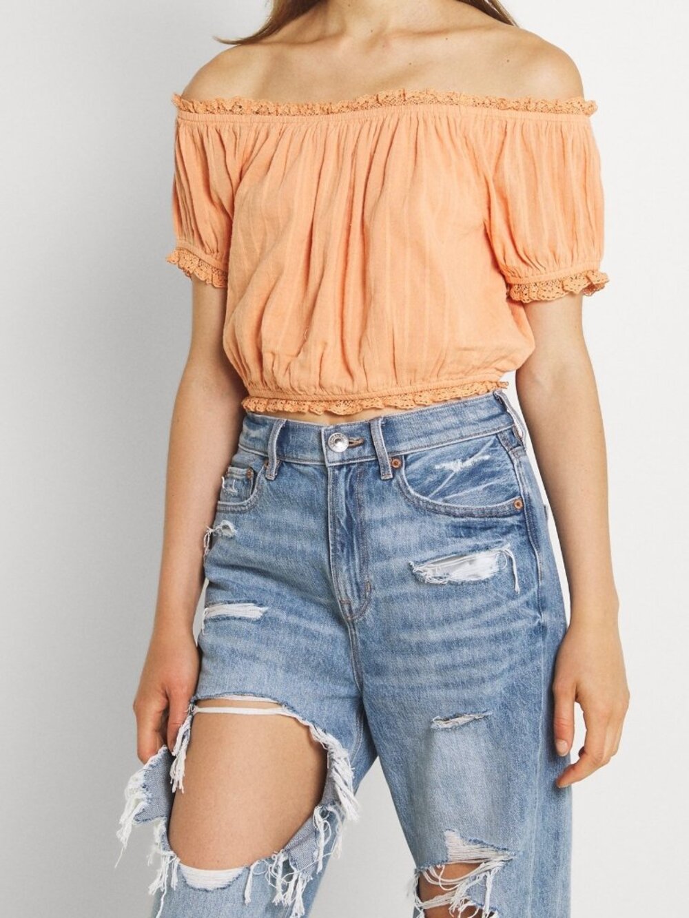 NWOT American Eagle Outfitters Peach Crochet-Trim Off the Shoulder Crop Top